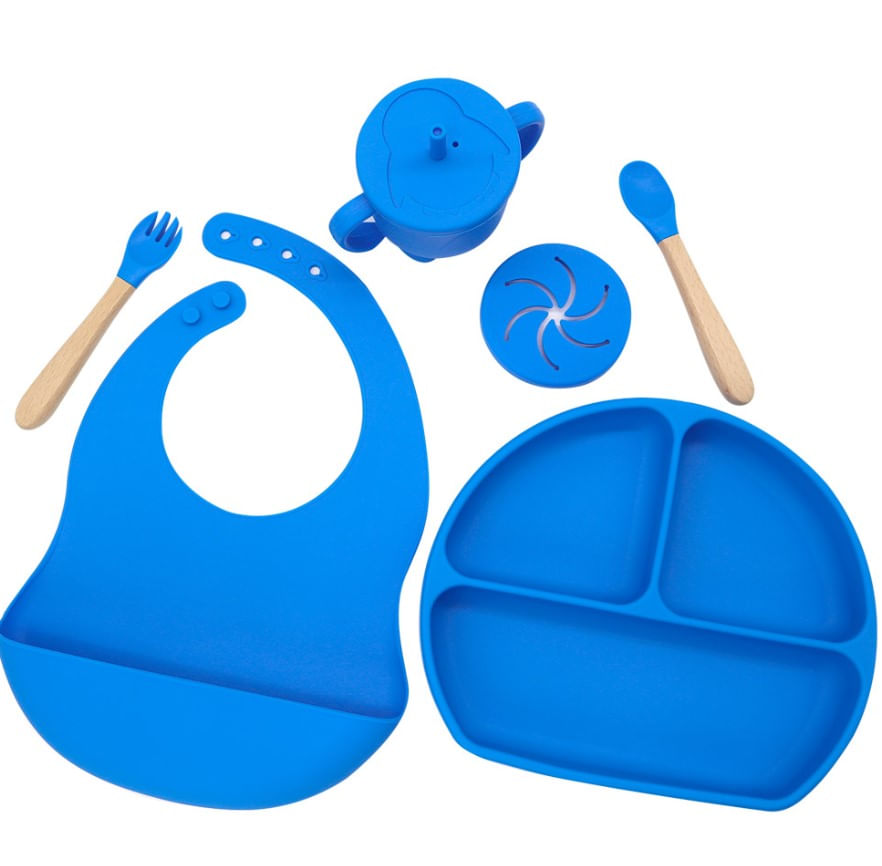 Set de Alimentacion Gadnic Completo para Bebés Plato Triple de Silicona Azul