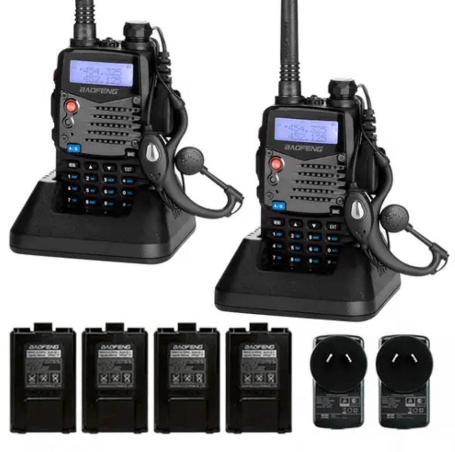 Handy Baofeng UV-5RA Kit x2 Bi-Banda 5w 128CH Hasta 10km + 4 Baterías y 2 Manos Libres
