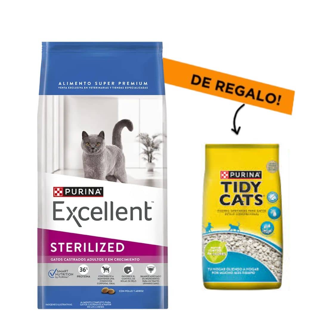Alimento Excellent Gato Sterilized 7.5 Kg + Piedras Tidy Cats 3.6Kg
