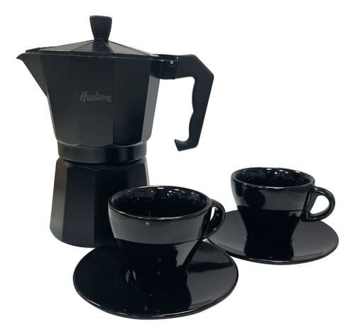 Set Cafetera Italiana Total Black + 2 Pocillos + Plato