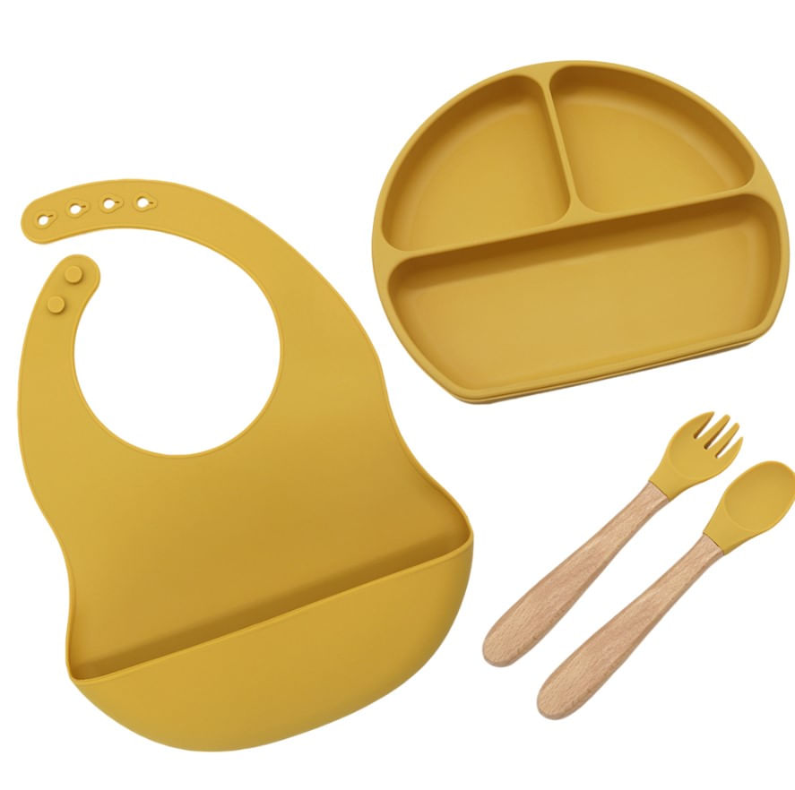 Set de Alimentación Para Bebes Amarillo Gadnic Babero Plato y Cubiertos Silicona